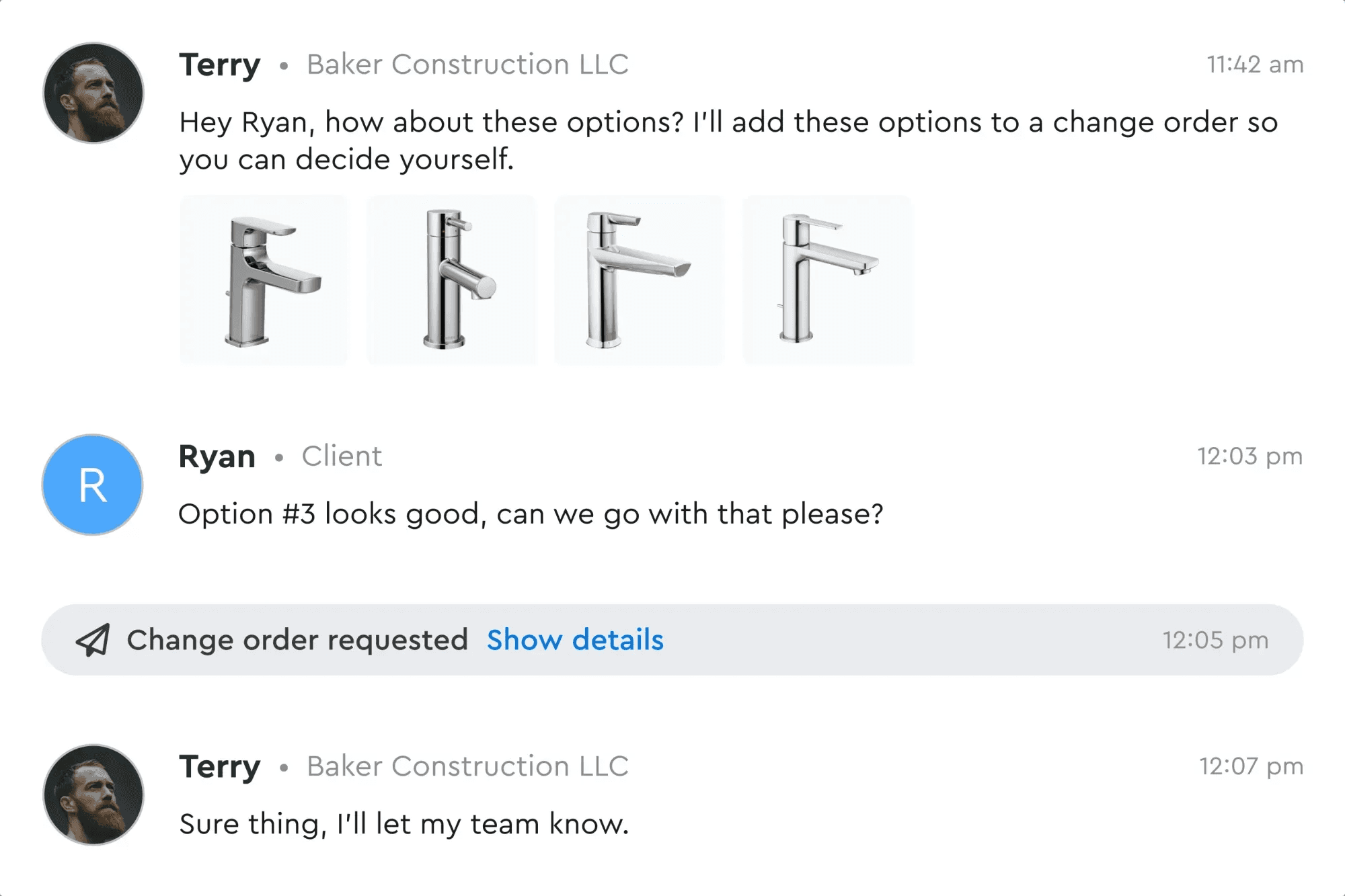 Chat interface showing change order request